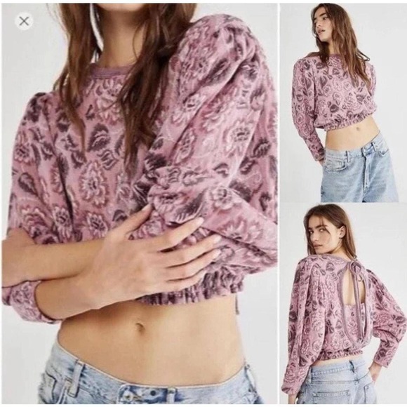 Free People Crop Top Floral Print Blouse Tie Back Long Sleeve‎ Small Jacquard - Picture 1 of 8